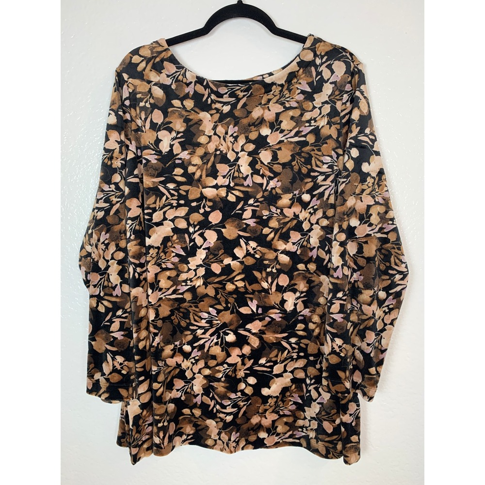 Pure Jill Tunic Top Womens 2X Brown Floral Long Sleeve Velvet Soft Boho Tunic